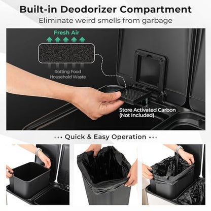 Goplus Dual Trash Can, 16 Gallon/ (2x30L) Double Trash and Recycling Bin Combo for Kitchen, Stainless Steel Garbage Can with 2 Removable Inner Buckets, Soft Closure & Step-on Pedal - color: Silver, size: 16 Gallon