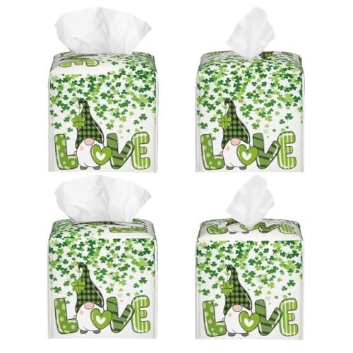 St Patrick's Day Gnome Tissue Box Cover Shamrock Clovers Square Leather Tissue Case Holder Facial Paper Cover Case Organizer Decorative for Tabletop Night Stands Desk Bathroom Kitchen Decor