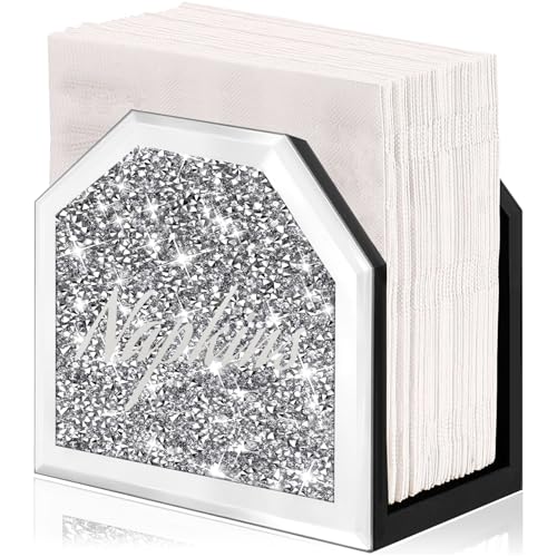 Wocred Mirror Napkin Holder,Crystal Crushed Diamond Vertical Holder,Cute Tissue Holder Holds Napkins Upright for Bathroom，Dining Table，Kitchen Table.(5.9”X5.9”X3”) - size: 6x3x5.9 inch