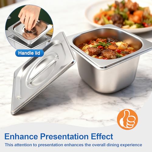Philbinden 4 Pack Stainless Steel Hotel Pans 1/6 Size 4 Inch Deep With Lids, 0.7 mm Thick 304 Stainless Steel Hotel Pans for Ffor Home, Party, Hotel, Buffet Commercial Kitchen Use