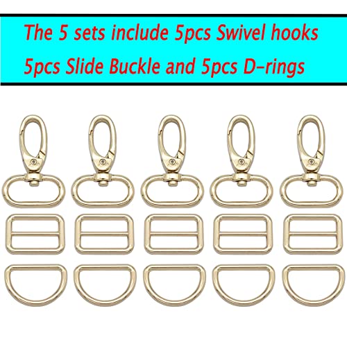 Rainbow Swivel Hook Claw Clasp - 25mm Slide Strap Buckle D Ring Adjuster Buckle for Dog Collar Backpack Purse Hardware - color: Light Gold 5 Sets