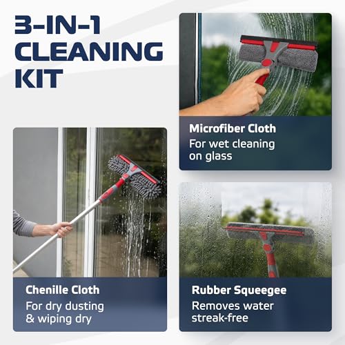 DSV Standard 2-in-1 Window Cleaning Squeegee Kit with 60’’ Extension Pole, Rotatable Bendable Head, Microfiber & Chenille Pads, Window Cleaner Tool for Indoor/Outdoor, High Windows, Shower and Car - size: 60 inches