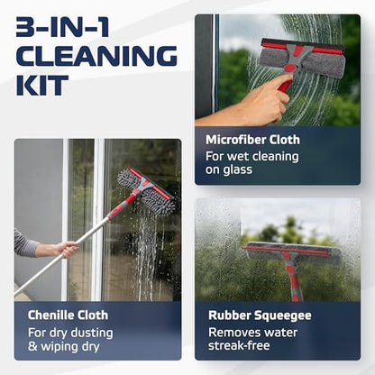 DSV Standard 2-in-1 Window Cleaning Squeegee Kit with 60’’ Extension Pole, Rotatable Bendable Head, Microfiber & Chenille Pads, Window Cleaner Tool for Indoor/Outdoor, High Windows, Shower and Car - size: 60 inches
