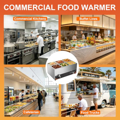 Commercial Food Warmer 6 Pan, 25QT Stainless Steel Bain Marie 1500W - size: 6 Pans