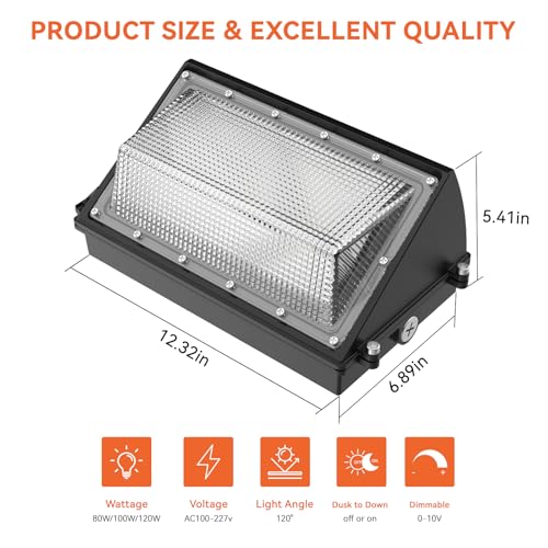 OKQ 120W LED Wall Pack Light with Dusk-to-Dawn Sensor, 18000LM 3000K-5000K LED Security Flood Lighting, 100-277V Outdoor Commercial LED Wall Lights for Parking Lots|Warehouses|Factories|Yard, 2 Pack - size: 120W/100W/80W 1PACK