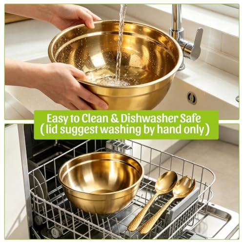 Large Stainless Steel Salad Bowl 7 QT, Elegant Gold Finish Metal Bowl - color: Gold