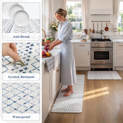 KIMODE Kitchen Mats 2PCS Cushioned Anti Fatigue Boho Kitchen Rugs and Mats - color: Light Blue Diamond, size: 17.3" x 47 "+ 17.3" x 29 "--0.47 inches
