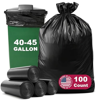 40-45 Gallon Garbage Bags, 40"x48", Pack of 100, Heavy Duty Large Trash Bag, Strong Trash Can Liners for Office, Picnic, Kitchen, Commercial, Made in USA - style: 45Gal-100 pcs-0.8