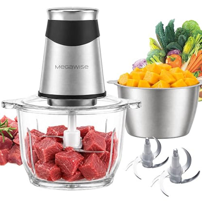 MEGAWISE 800W Electric Food Chopper, 2.2L Glass & 1.2L Stainless Bowls