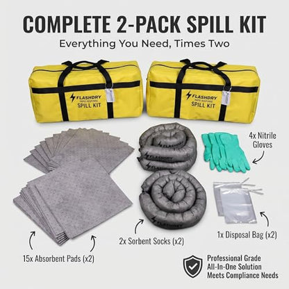 FlashDry Portable Universal Spill Kit Bag, Hazardous Clean Up Kit - 2 Kits - size: 2-Pack, style: No Absorbent