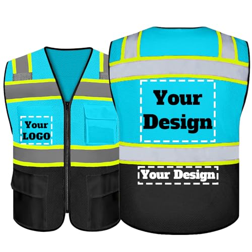 Safety Vest Customize Logo with 5 Pockets & Zipper Reflective High Visibility Vest Class 2 Outdoor Workwear - color: Blue Black-custom, size: Medium