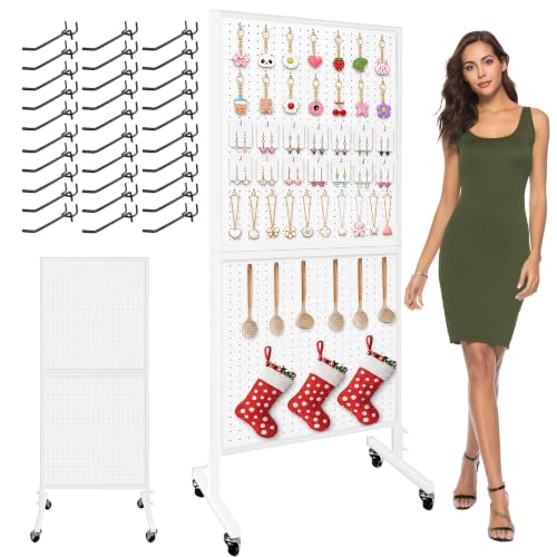 Royxen 5.3 x 1.9 Ft Standing Pegboard Display with T-Base, Locking Wheels and 20 Hooks, Metal Peg Board Display Stand for Craft Shows, Vendors and Retail Stores, White - color: White