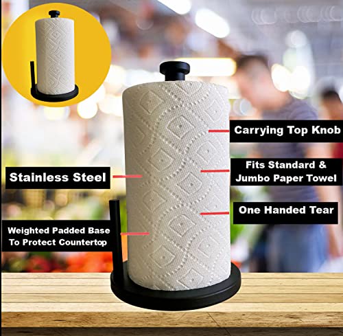 Black Paper Towel Holder Countertop - Weighted Stainless Steel Paper Towel Stand with Non-Slip Base & One-Hand Tear Design for Kitchen, Fits Standard & Jumbo Rolls