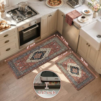 KIMODE Farmhouse Kitchen Mats, Anti Fatigue Kitchen Rugs Sets of 2 Red - color: Red Floral, size: 17.3" x 47 "+ 17.3" x 29 "--0.47 inches
