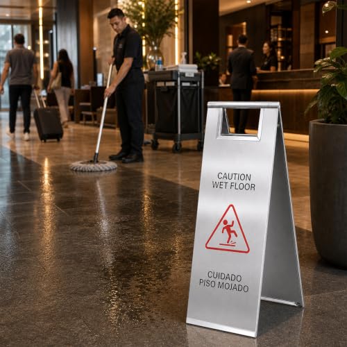 2 Pack Wet Floor Signs 24 Inch Stainless Steel Caution Sign Silver - color: Silver