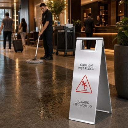 2 Pack Wet Floor Signs 24 Inch Stainless Steel Caution Sign Silver - color: Silver