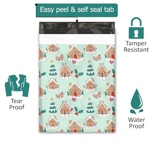 10x13 (100) Gingerbread Houses Christmas Designer Poly Mailers Self Sealing Waterproof Shipping Envelopes Holiday Premium Printed Bags For Small Businesses - color: Gingerbread Houses, size: 10x13