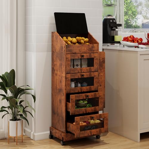 ARTETHYS Potato Storage Bin 5-Tier Rolling Bread Box Cabinet with Side Rack - color: Rustic