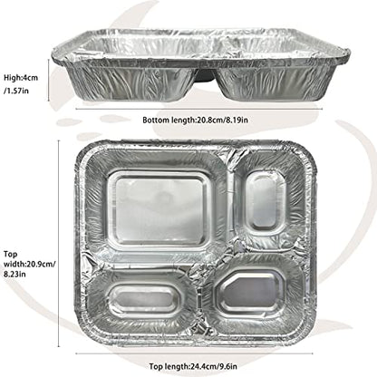 20 Pack 4-Compartment Disposable Aluminum Meal Trays with Lids, 9.6"x8.5" Foil Food Containers for Takeout, Catering & Meal Prep, Divided To-Go Baking Pans, Oven Safe - size: 9.6"x8.5"