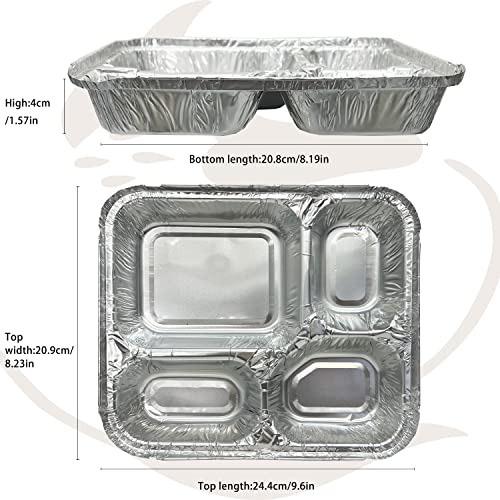 20 Pack 4-Compartment Disposable Aluminum Meal Trays with Lids, 9.6"x8.5" Foil Food Containers for Takeout, Catering & Meal Prep, Divided To-Go Baking Pans, Oven Safe - size: 9.6"x8.5"