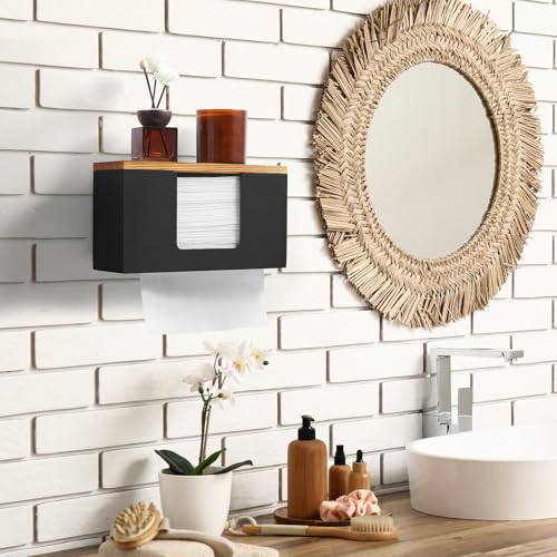 Paper Towel Dispenser Wall Mount, Wooden Bathroom Paper Towel Holder with Lid for Home and Commercial, C-Fold, Z-Fold, Trifold Paper Hand Towel Dispenser for Bathroom Kitchen Restroom, Black