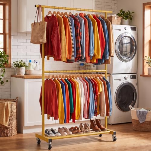 Sywhitta Double Rod Metal Clothing Rack on Wheels with Bottom Mesh,Gold - color: Gold, size: With mesh