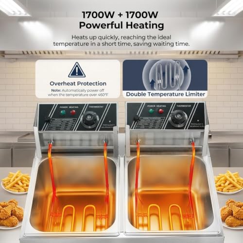 Commercial Deep Fryer, 3400W Electric Countertop Fryer with 2 Baskets & Lids, 22.8QT Dual Tank Stainless Steel Deep Fryer for Restaurant, Food Truck, Party