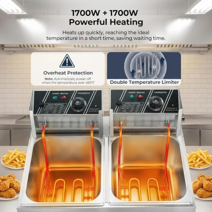 Commercial Deep Fryer, 3400W Electric Countertop Fryer with 2 Baskets & Lids, 22.8QT Dual Tank Stainless Steel Deep Fryer for Restaurant, Food Truck, Party