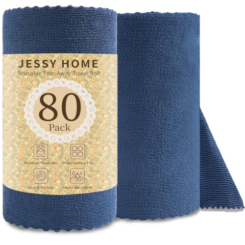 Jessy Home 80 Pack Microfiber Cleaning Cloth Roll Reusable Paper Towels 12"x12" Tear Away Cloth, Microfiber Towels for Cars, Wash Cloths, Lint Free Rags for House,Kitchen,Window,Cleaning Supplies - color: Navy Blue