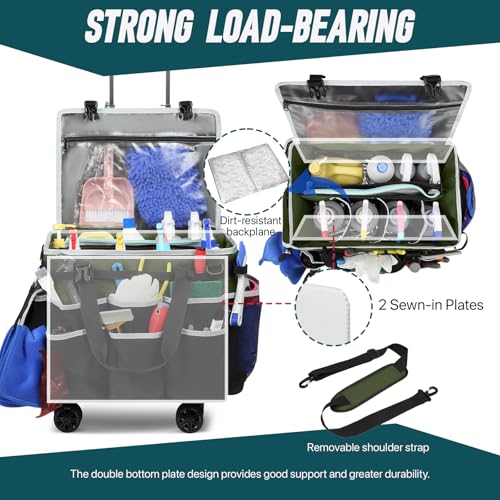 Large Rolling Cleaning Caddy Bag with Detachable Trolley, Full Support Plates for Professional Cleaning Supplies Bag, Organizer Bag with 4 Universal Wheels for Housekeepers, Car Wash (Green) - color: Green