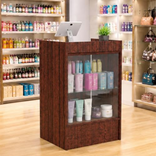 24x18x38 Inch Walnut Wooden Lockable Sliding Solid Door Cash Register Podium with Tempered Glass Shelves for Retail, Restaurant, Reception, Church - color: Walnut