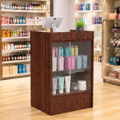 24x18x38 Inch Walnut Wooden Lockable Sliding Solid Door Cash Register Podium with Tempered Glass Shelves for Retail, Restaurant, Reception, Church - color: Walnut