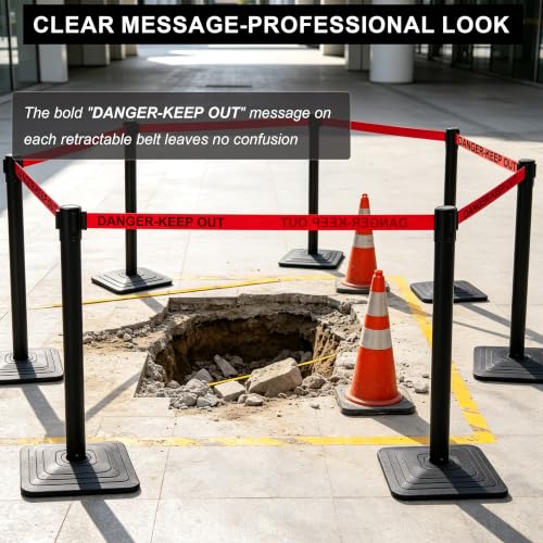 OrangeStar 4-Pack Crowd Control Stanchions, Heavy Duty Stanchion Set - color: Red-DANGER-KEEP OUT