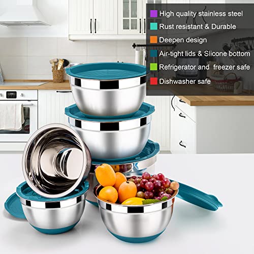 LIANYU Metal Nesting Mixing Bowls Set of 6, Size 7, 3.5, 2.5, 2, 1.5, 1QT - color: Dark Blue, style: Anchor Base with Airtight Lids