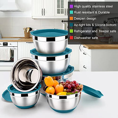 LIANYU Metal Nesting Mixing Bowls Set of 6, Size 7, 3.5, 2.5, 2, 1.5, 1QT - color: Dark Blue, style: Anchor Base with Airtight Lids