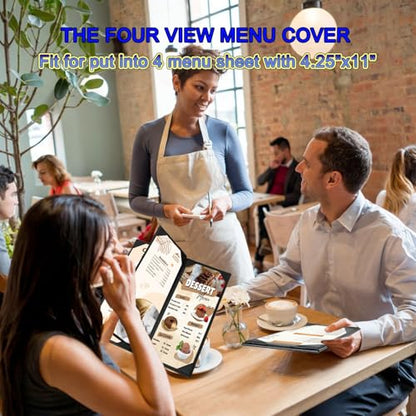4.25 x 11inches Leather Menu Holder with Strong Wood Inside, Leather Menu Covers 4 View Book Style Restaurant Menu Covers for Wine List Coffee Bars Hotel Restaurant（4.25” x 11” /4 Views /1 pcs） - size: 4.25 x 11 inch/4 views/1 pcs