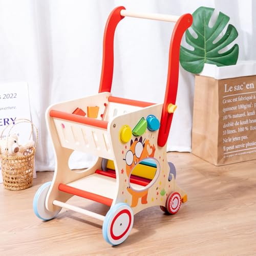 Wooden Baby Walker with Shopping Cart, Push Walker for 1 Year Old Learning to Walk, Shape Matching Block Game, Large Storage Toddler Walking Toy for Boys & Girls 6-12 Months