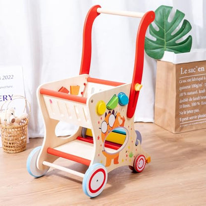 Wooden Baby Walker with Shopping Cart, Push Walker for 1 Year Old Learning to Walk, Shape Matching Block Game, Large Storage Toddler Walking Toy for Boys & Girls 6-12 Months