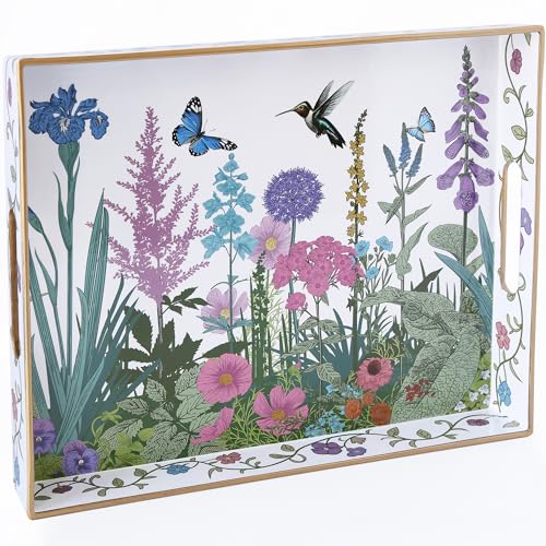 Serving Tray with Handles, Rectangular Plastic Tray 15.75x11.81 Inch, Wildflower, Butterflies & Hummingbirds Style Decorative Tray for Kitchen, Dining Table, Vanity, Office & Home - color: Green and Purple Wildflowers 1 Pc