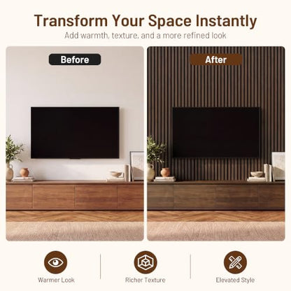 Amsleekey 2-Pack 94.5″x12.6″ Acoustic Wood Wall Panels,4 Hooks, Dark Walnut - color: Dark Walnut, size: 94.5 x 12.6 in - 2 pcs