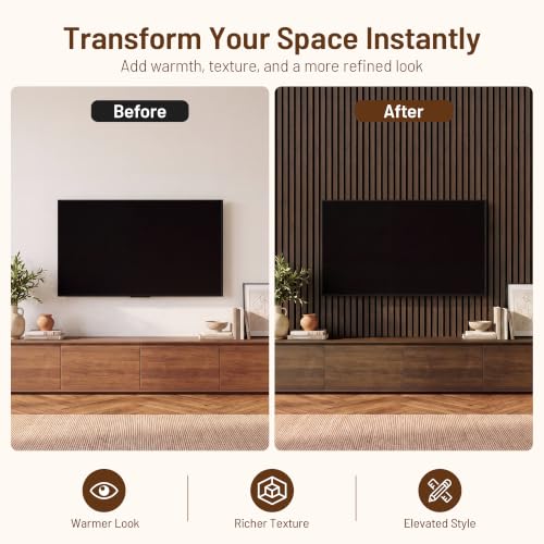 Amsleekey 4-Pack 108″x11″ Acoustic Wood Wall Panels, 8 Hooks, Dark Walnut - color: Dark Walnut, size: 108 x 11 in - 4 pcs