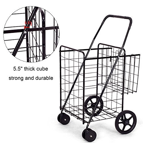 S AFSTAR Folding Shopping Cart, Metal Grocery Cart w/Extra Basket & 360° Swivel Wheels & Non-Slip Handle, Heavy Duty Utility Cart for Grocery Laundry Book Luggage (Black) - color: Black