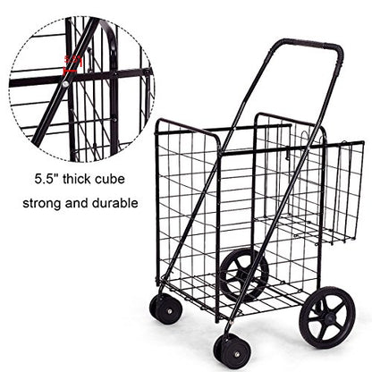 S AFSTAR Folding Shopping Cart, Metal Grocery Cart w/Extra Basket & 360° Swivel Wheels & Non-Slip Handle, Heavy Duty Utility Cart for Grocery Laundry Book Luggage (Black) - color: Black