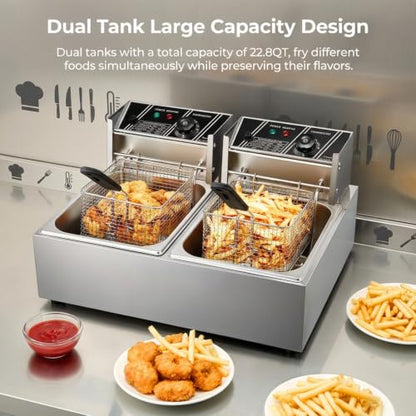Commercial Deep Fryer, 3400W Electric Countertop Fryer with 2 Baskets & Lids, 22.8QT Dual Tank Stainless Steel Deep Fryer for Restaurant, Food Truck, Party