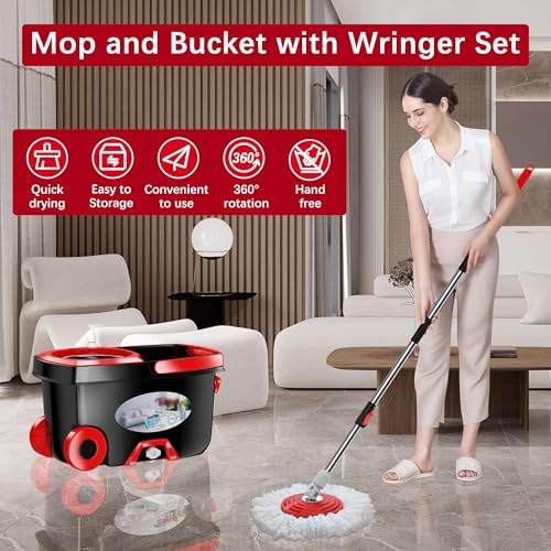 FunClean Large Spin Mop Bucket Set with Wringer, 2 Gal Capacity, Black - size: Large - 6 Mop Heads - Black
