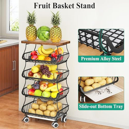 SAYZH 5-Tier Fruit and Vegetable Basket Stand for Kitchen, Wood Top, Black - color: Black, size: 5 Tiers