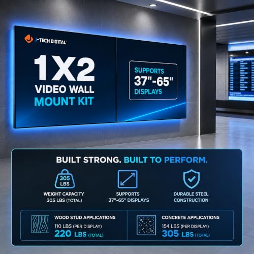 J-Tech Digital 1x2 TV Wall Mount Kit, Fits 2 Screens 37” – 65” with Adjustable Tilt, Leveling and Pop Out Arms, Wide VESA Patterns up to 600x400 [JTECH-VMM-KIT12] - size: 1x2 video wall mount kit