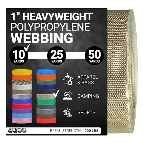 Strapworks Heavyweight Polypropylene Webbing - Heavy Duty Poly Strapping for Outdoor DIY Gear Repair - color: Khaki, size: 1" x 10 yard