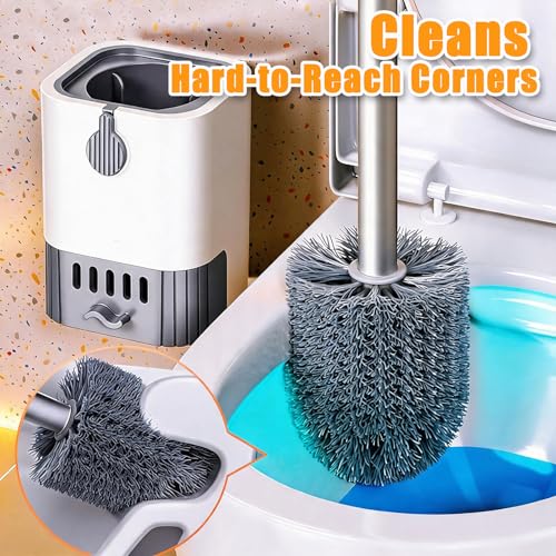Toilet Brush and Holder Set, Wall Mounted Toilet Bowl Brush and Holder, Hard Bristle Toilet Scrubber with Drip Tray, Rim Cleaning Side Groove, Quick Rinse & Fast Drying