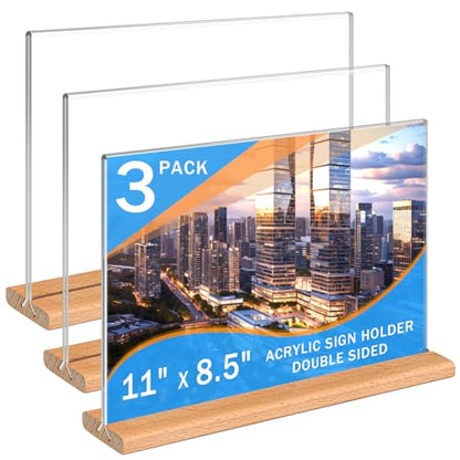 Kersally Acrylic Sign Holder 11 x 8.5'', 3 Pack Double-Sided Clear Table Display Stands with Wood Base,Horizontal Acrylic Frame Menu Flyer Paper Holder for Store, Restaurant, Hotel, Office, Show Fair